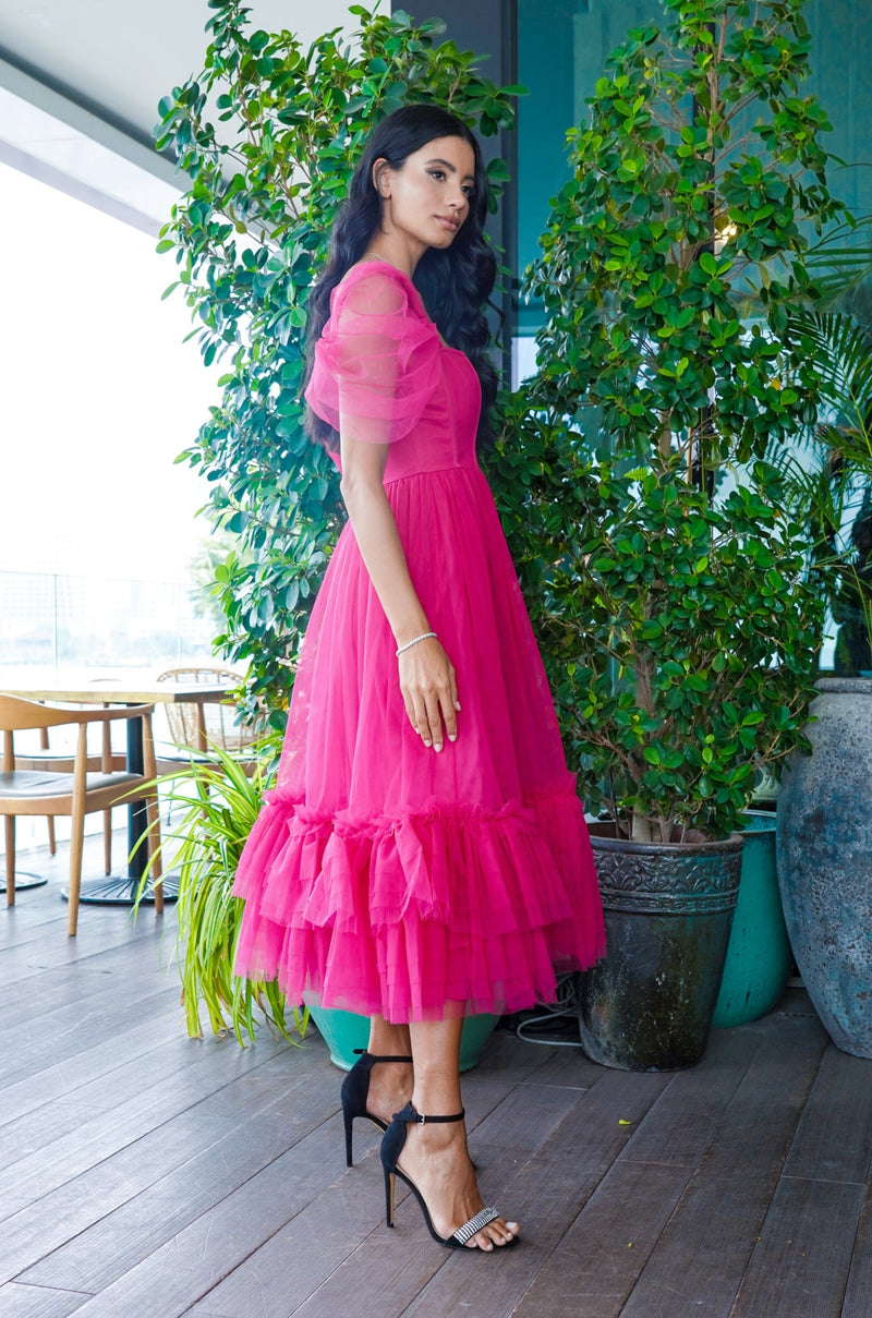 Jayne Bright Pink Tulle Midi Dress