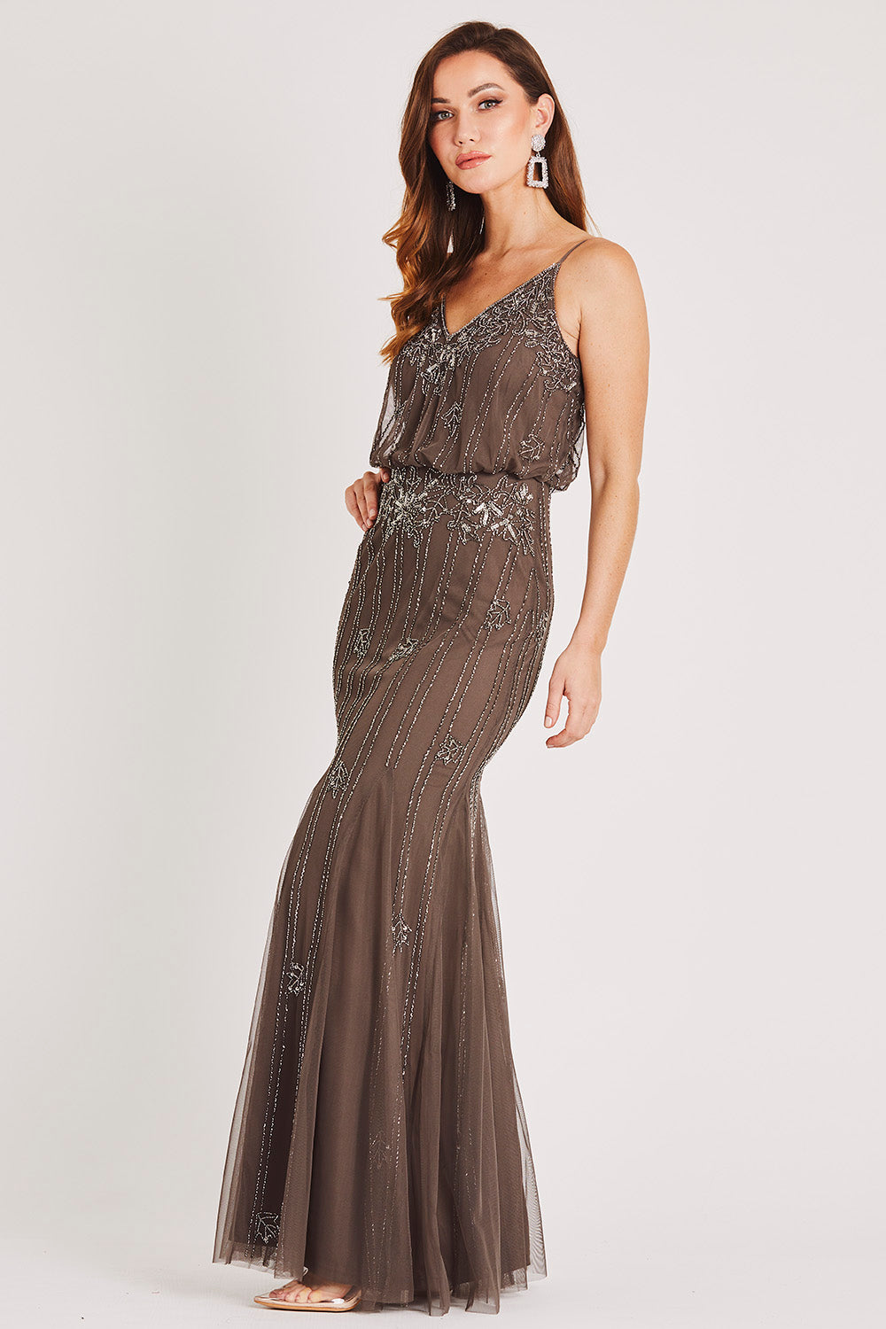 Keeva Stone Grey Bridesmaid Maxi Dress Lace & Beads Keeva Stone Grey Bridesmaid Maxi Dress Lace & Beads