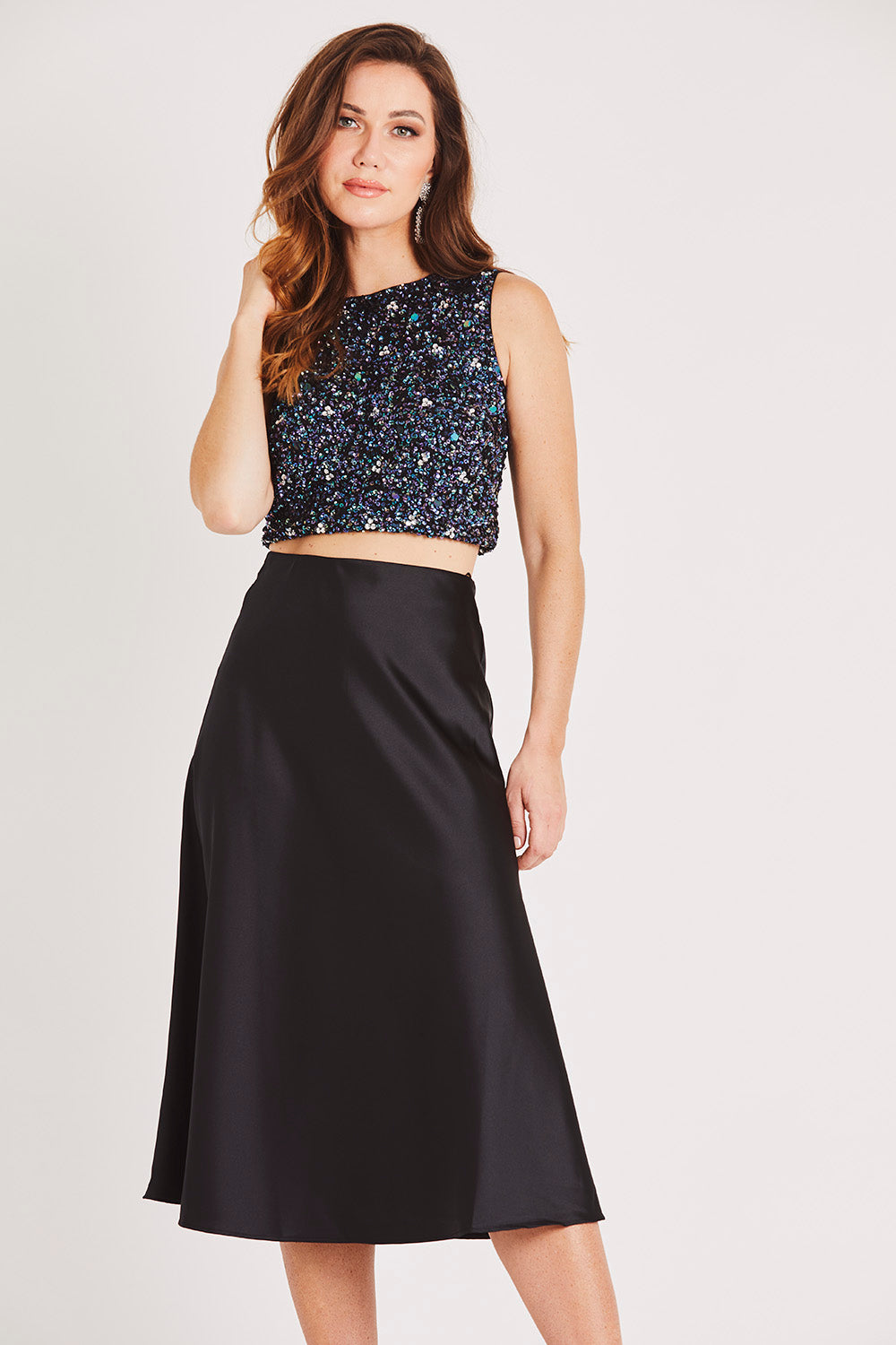 Sophie Black Satin Midi Skirt