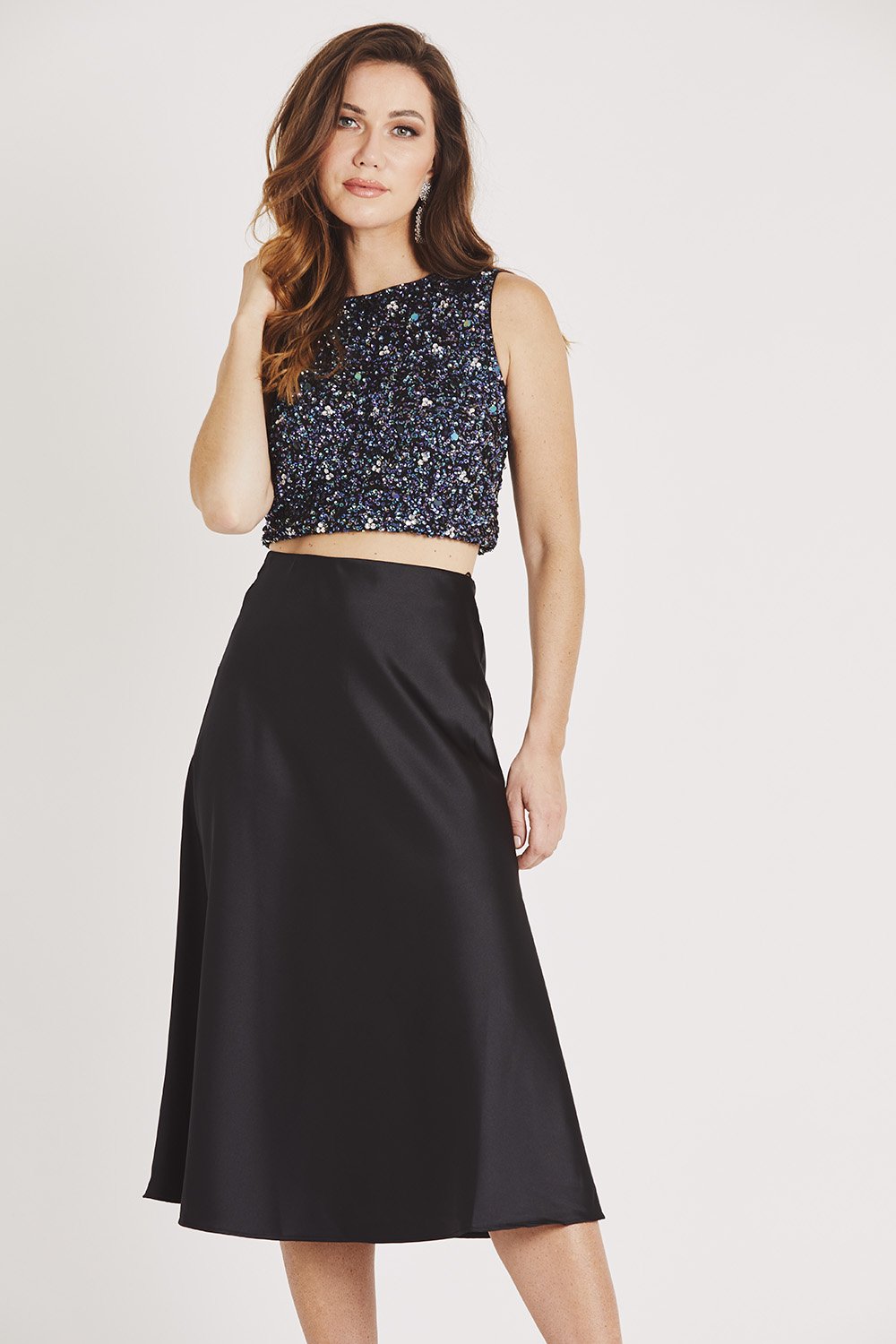 Sophie Black Satin Midi Skirt