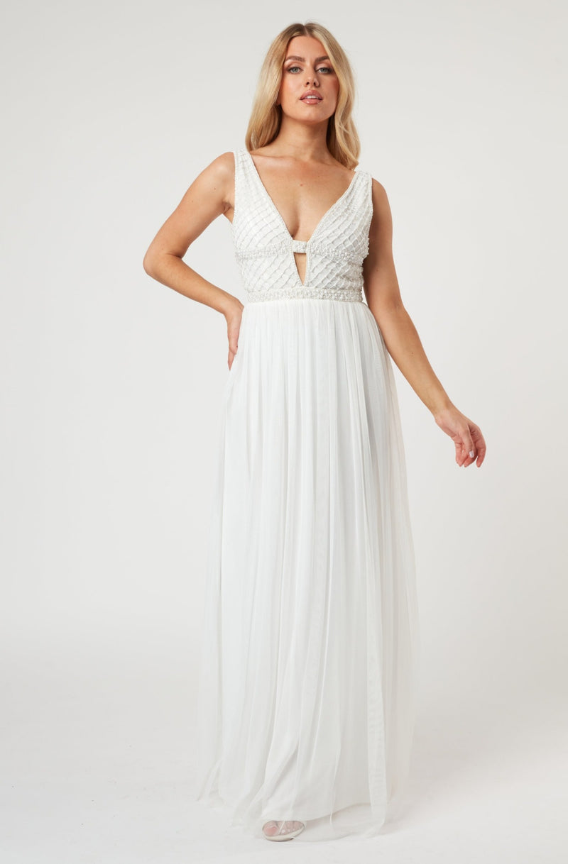 White beaded evening gown hotsell