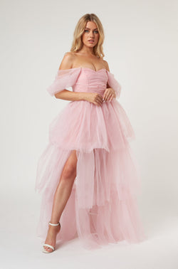 Sydney Off Shoulder Tulle Maxi Dress in Powder Pink