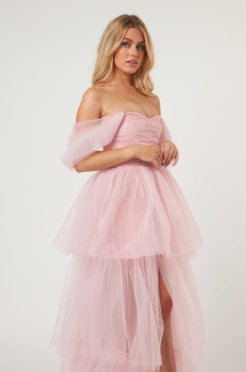 Sydney Off Shoulder Tulle Maxi Dress in Powder Pink