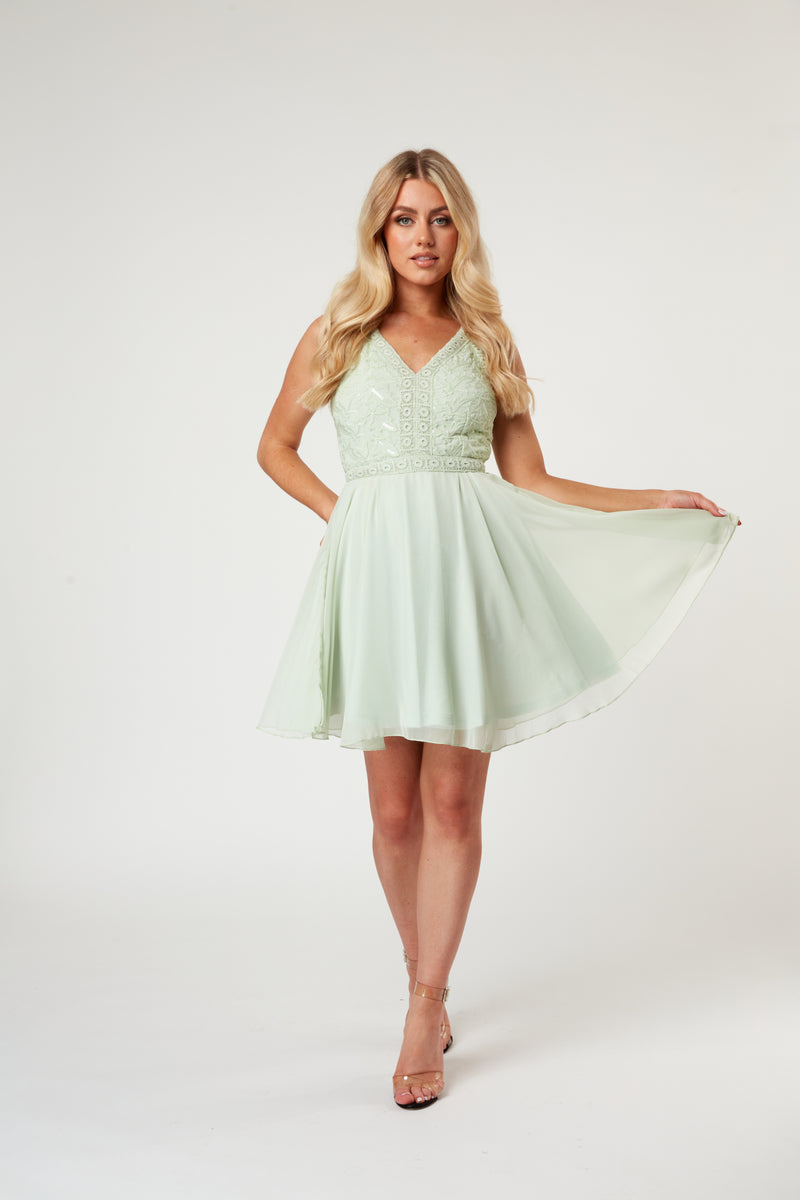 Cheri Embroidered Mint Green Skater Dress