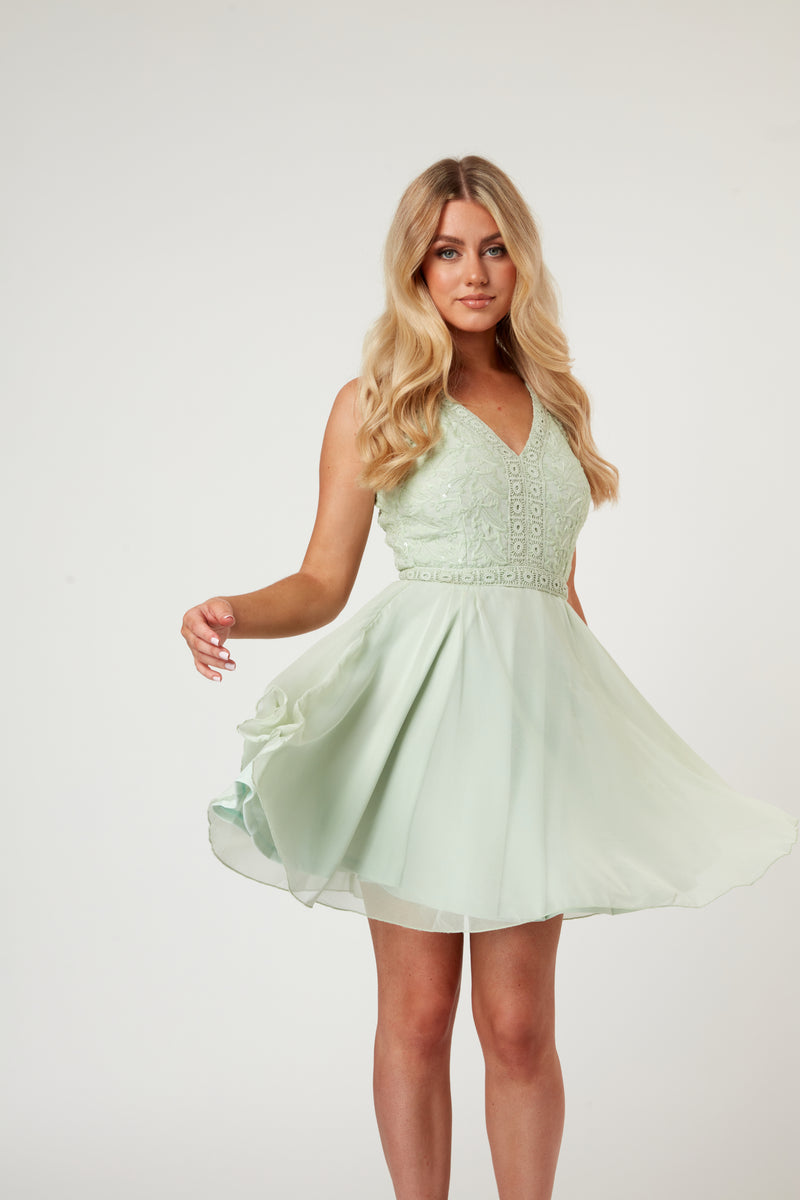 Cheri Embroidered Mint Green Skater Dress