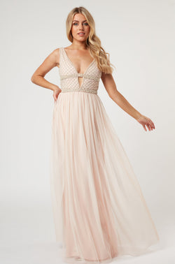 Myla Nude Embellished Maxi Dress Lace Beads