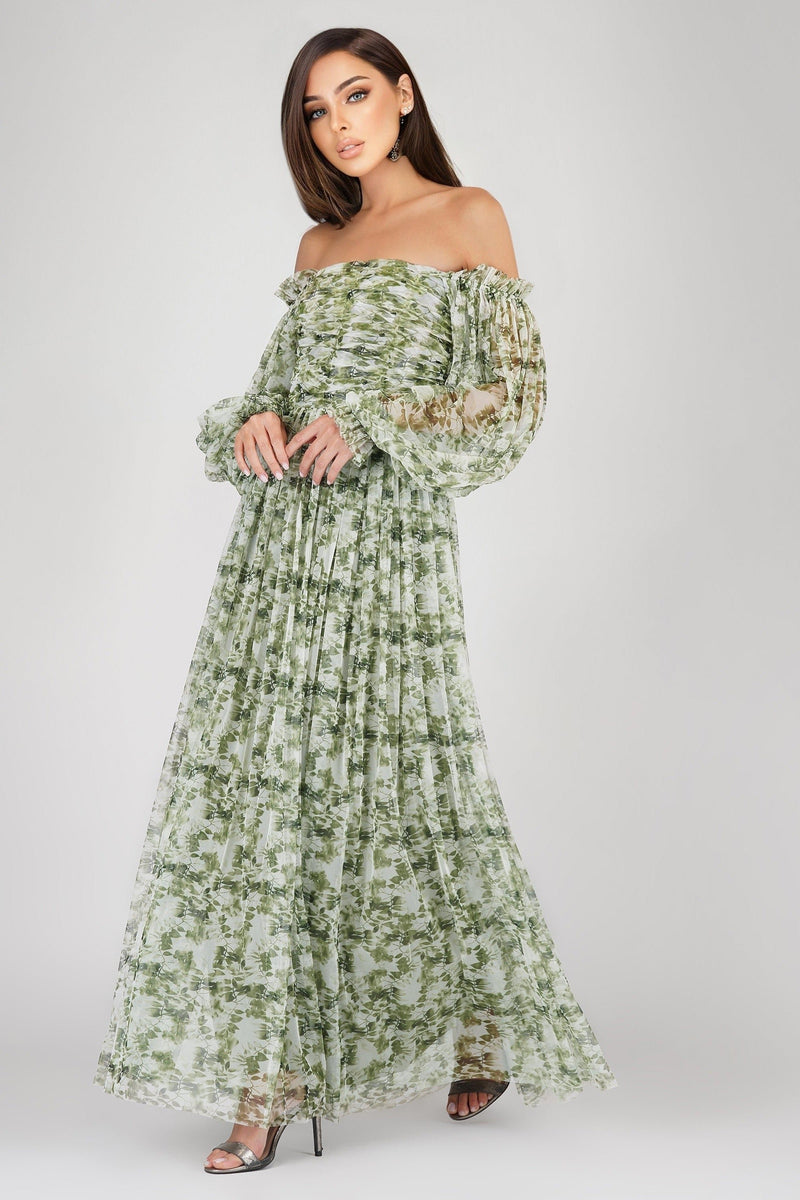 Lana Green Floral Printed Tulle Dress