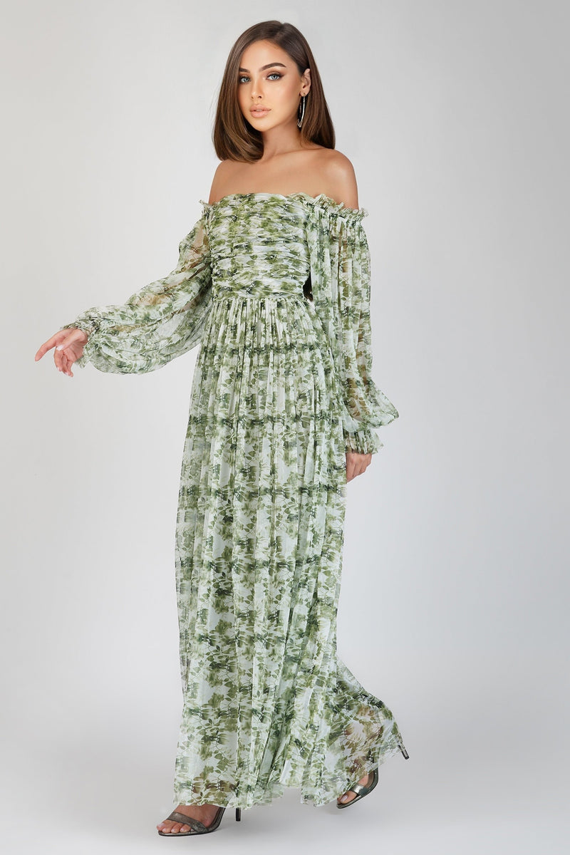 Lana Green Floral Printed Tulle Dress