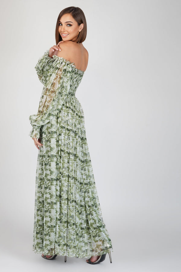 Lana Green Floral Printed Tulle Dress