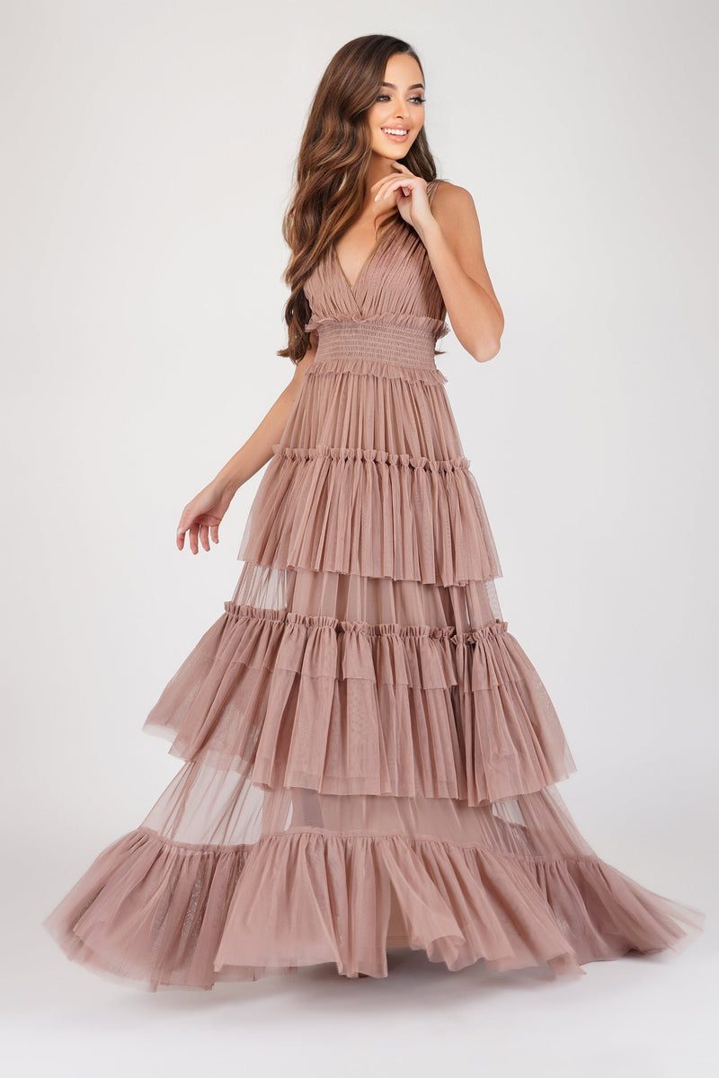 Luna Mink Tulle Plunge Maxi Dress