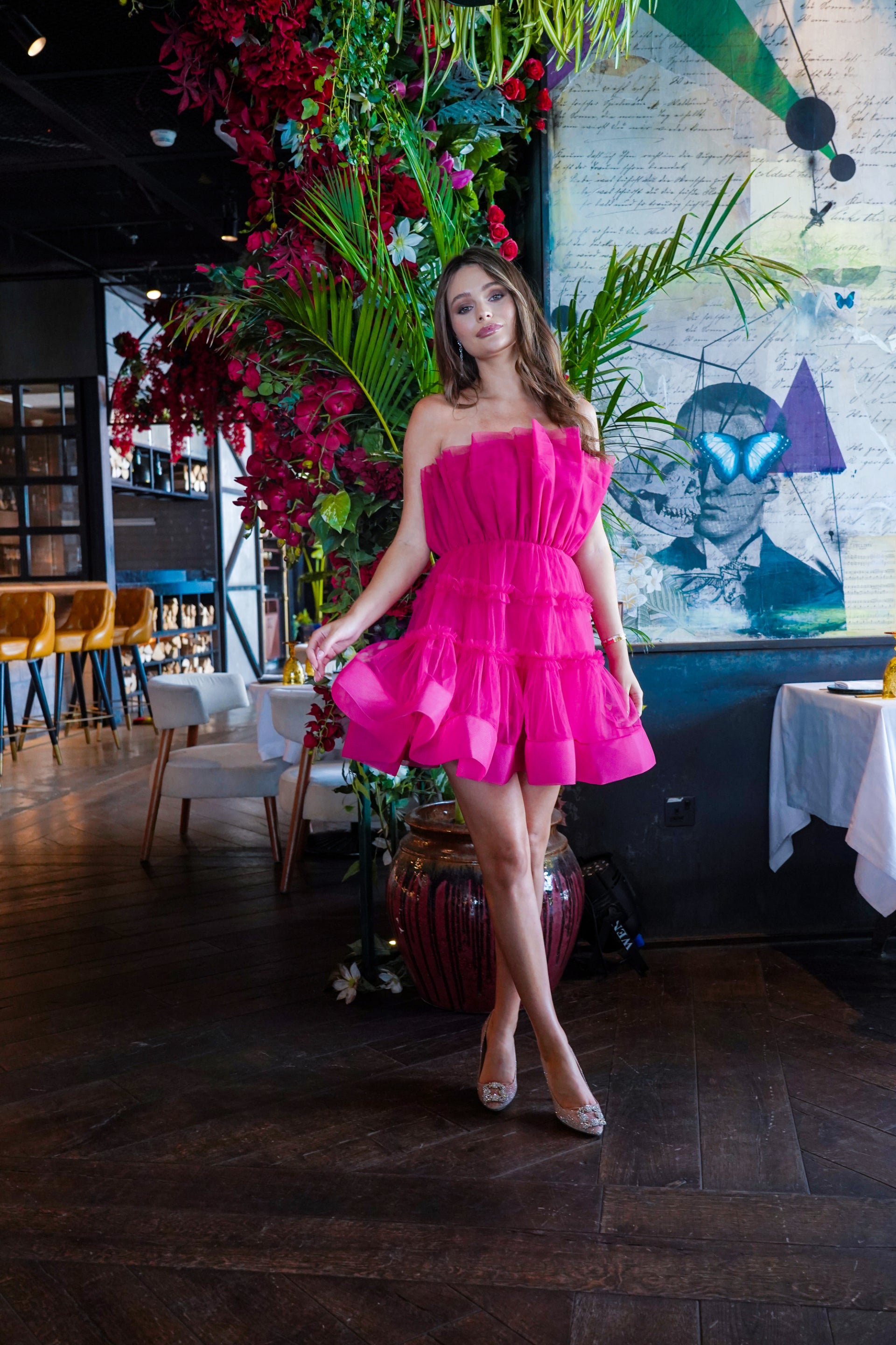 Maine Bright Pink Tulle Mini Dress Lace & Beads Maine Bright Pink Tulle Mini Dress Lace & Beads