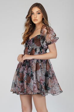 Melanie Dark Floral Puff Sleeve Mini Dress