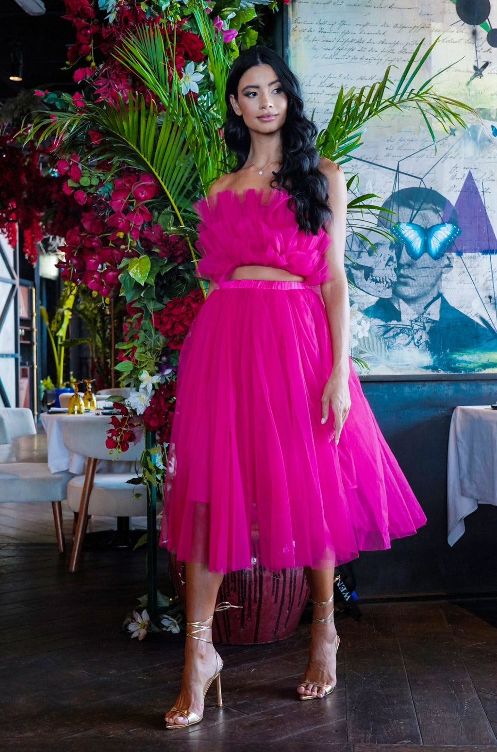 Nyra Tulle Skirt in Hot Pink Lace Beads