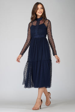 Roman Lola Polka Dot Midi Dress in Navy Blue Lace Beads