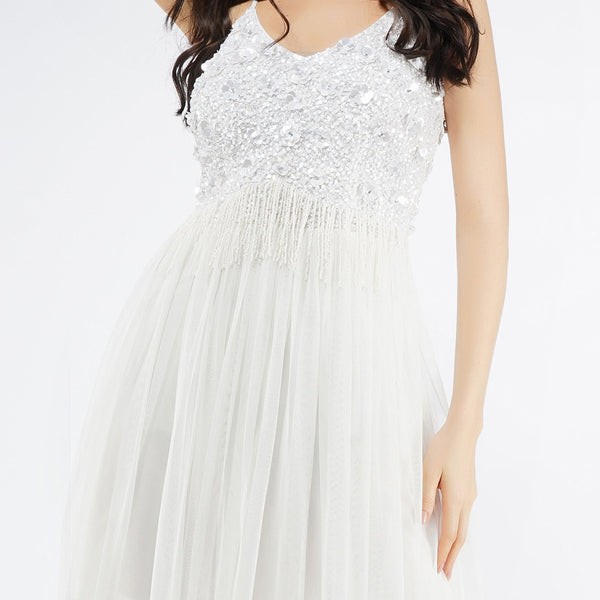 Lace & beads tulle midi dress with 3d shirring detail best sale