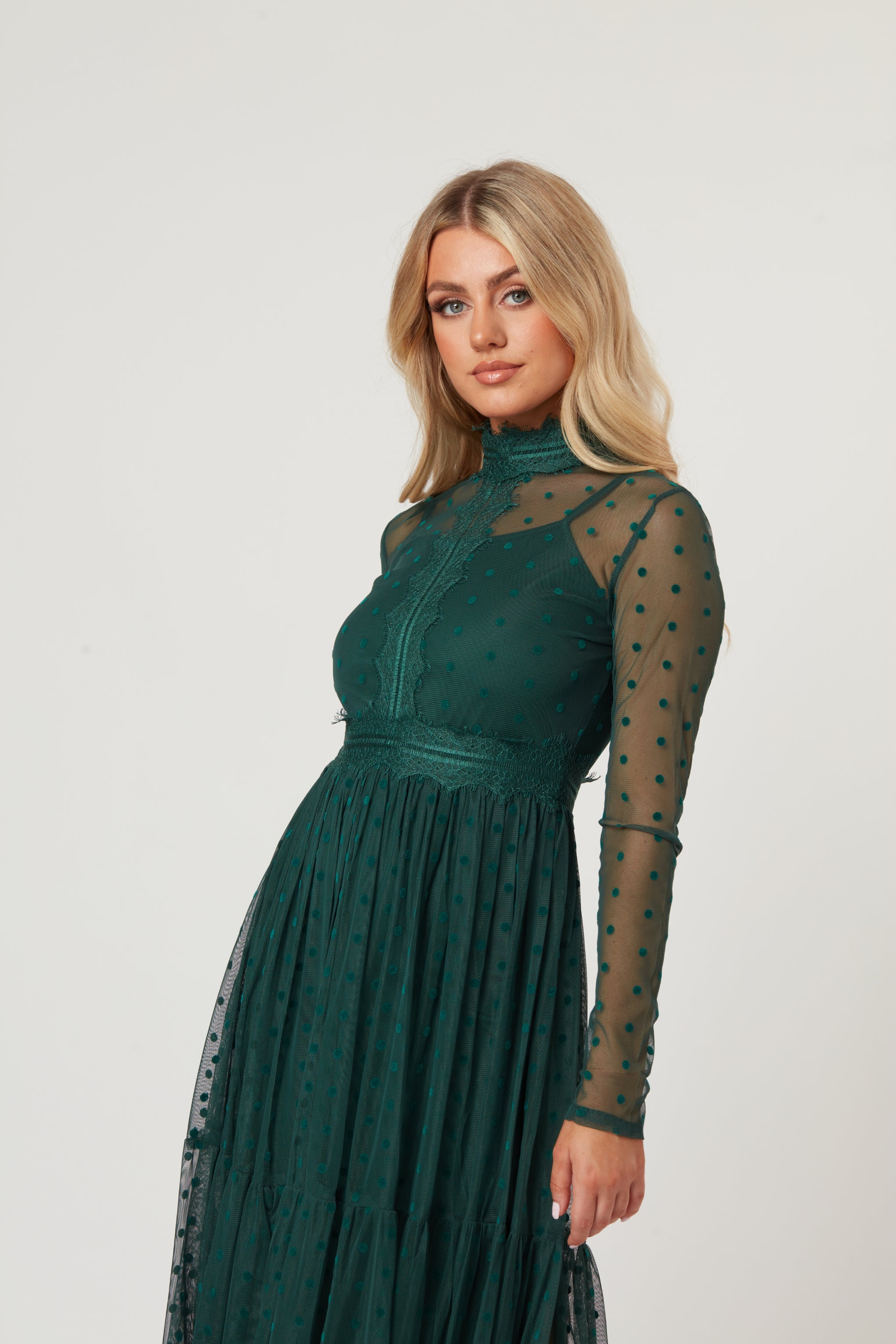 Roman Lola Polka Dot Tulle Midi Dress in Green Lace & Beads Roman Lola Polka Dot Tulle Midi Dress in Green Lace & Beads