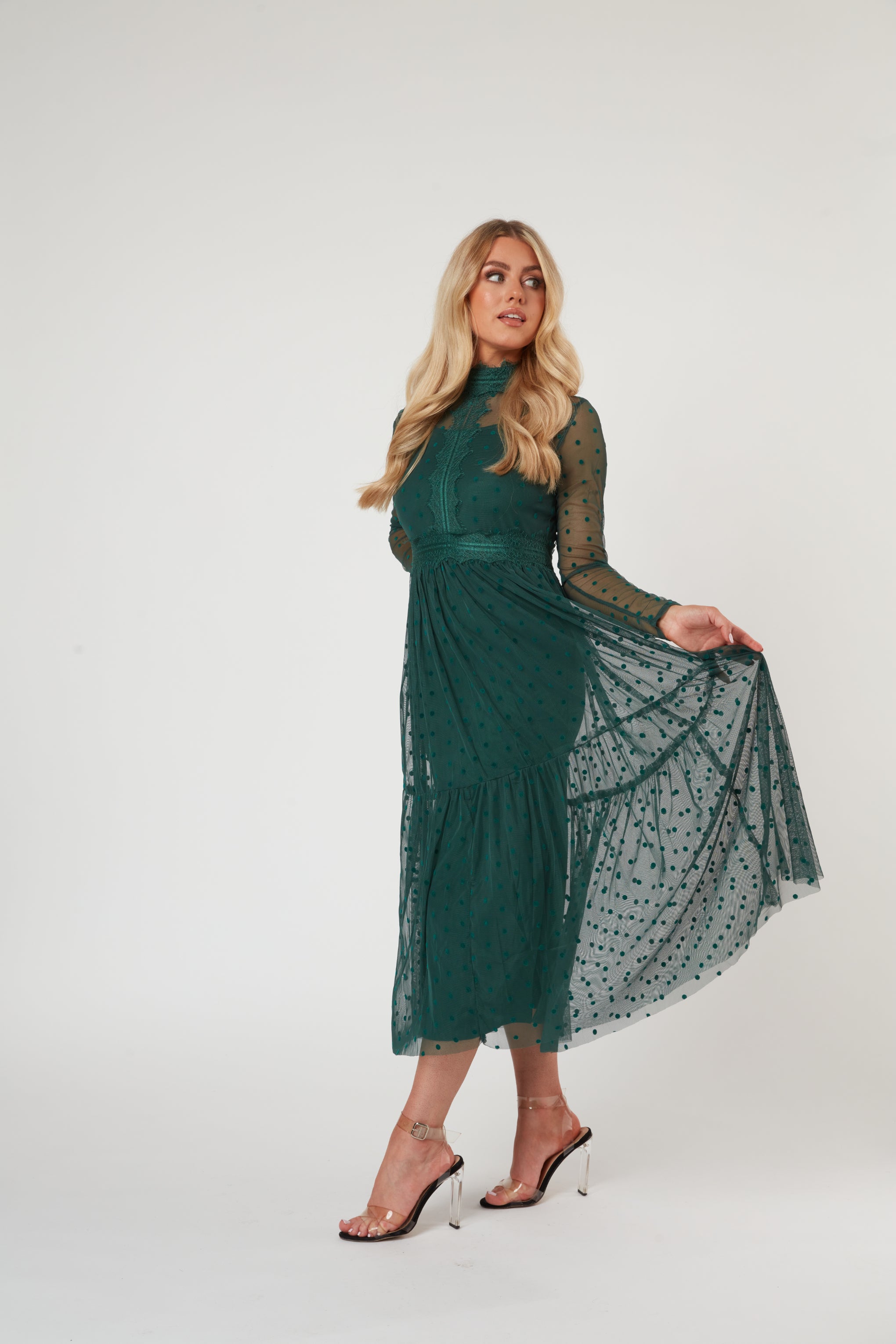 Roman Lola Polka Dot Tulle Midi Dress in Green