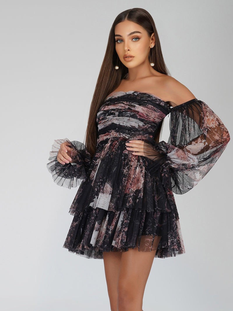 Roxanne Dark Print Tulle Mini Dress