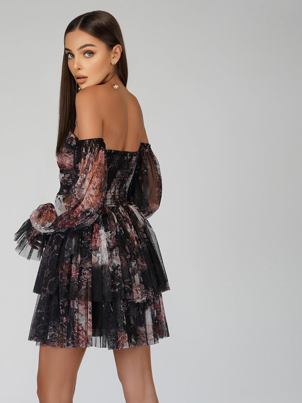 Roxanne Dark Print Tulle Mini Dress