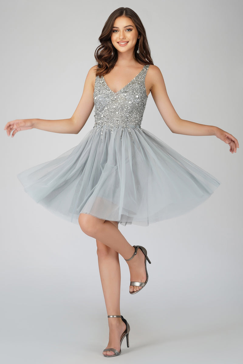 Symphony Light Grey Embellished Mini Dress Lace Beads