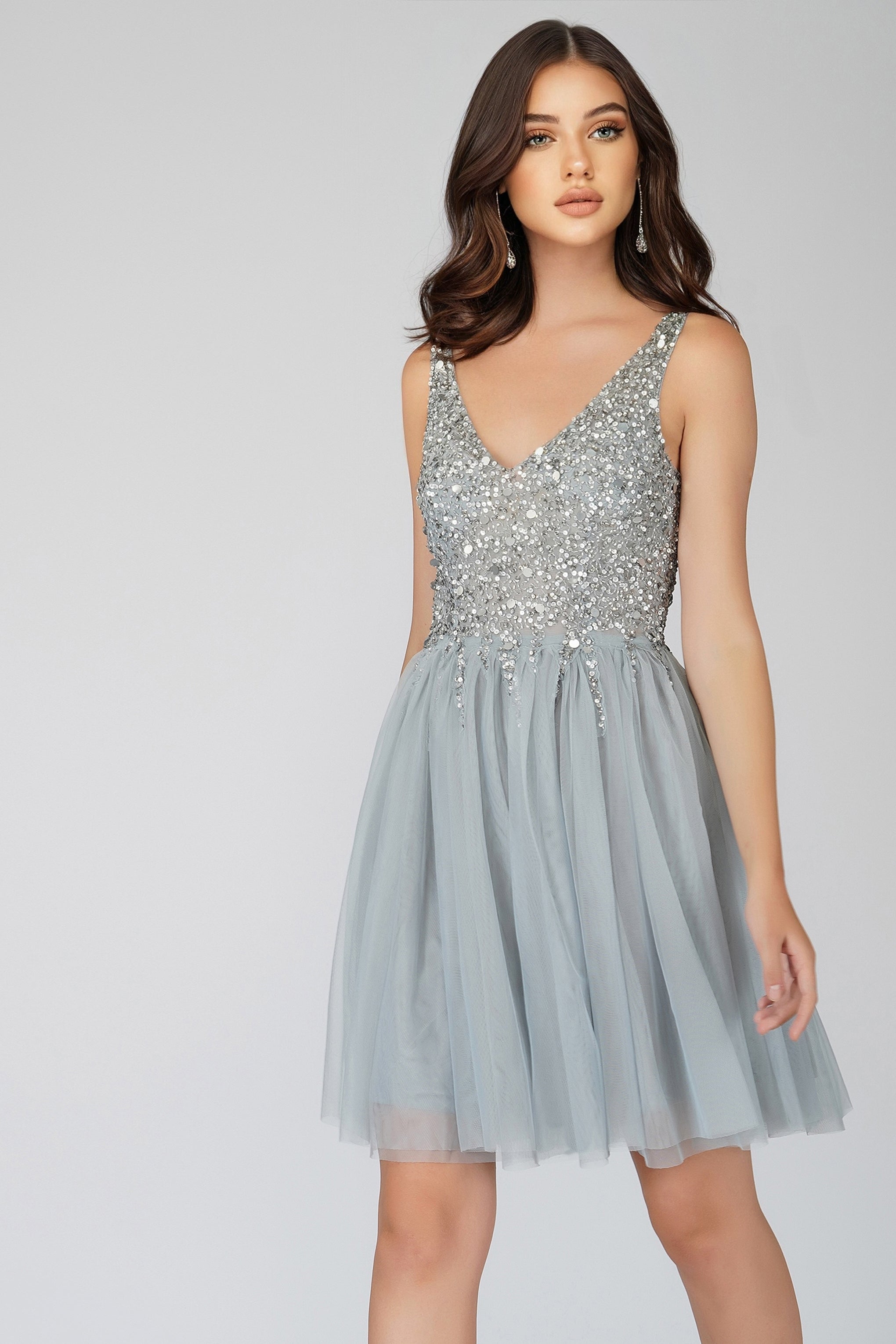 Symphony Light Grey Embellished Mini Dress Light Grey / UK16 Symphony Light Grey Embellished Mini Dress Light Grey / UK16