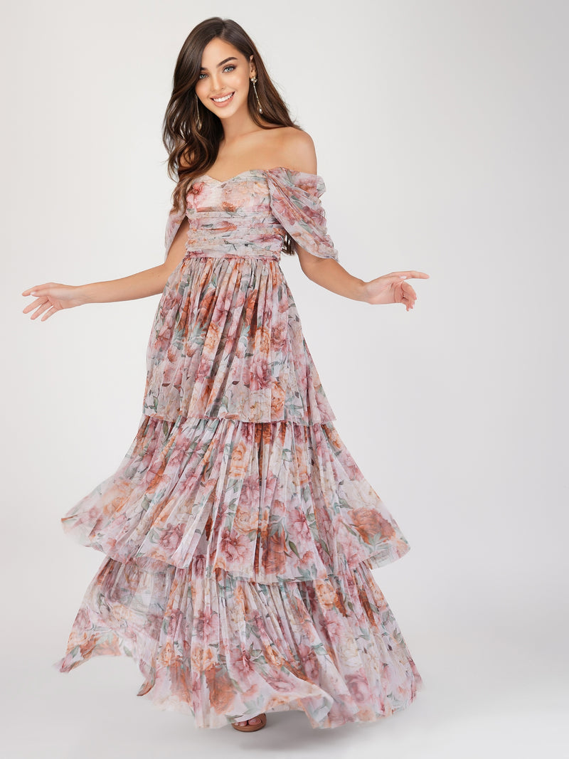 Sydney Off Shoulder Tulle Maxi Dress in Brown Floral – Lace & Beads