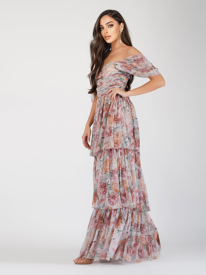 Floral off the shoulder maxi dress discount