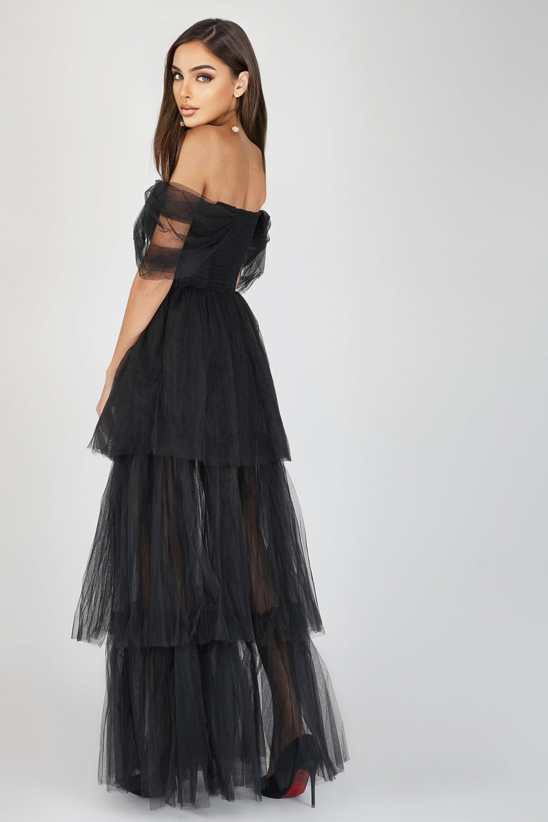 Sydney Off Shoulder Tulle Maxi Dress in Black – Lace & Beads