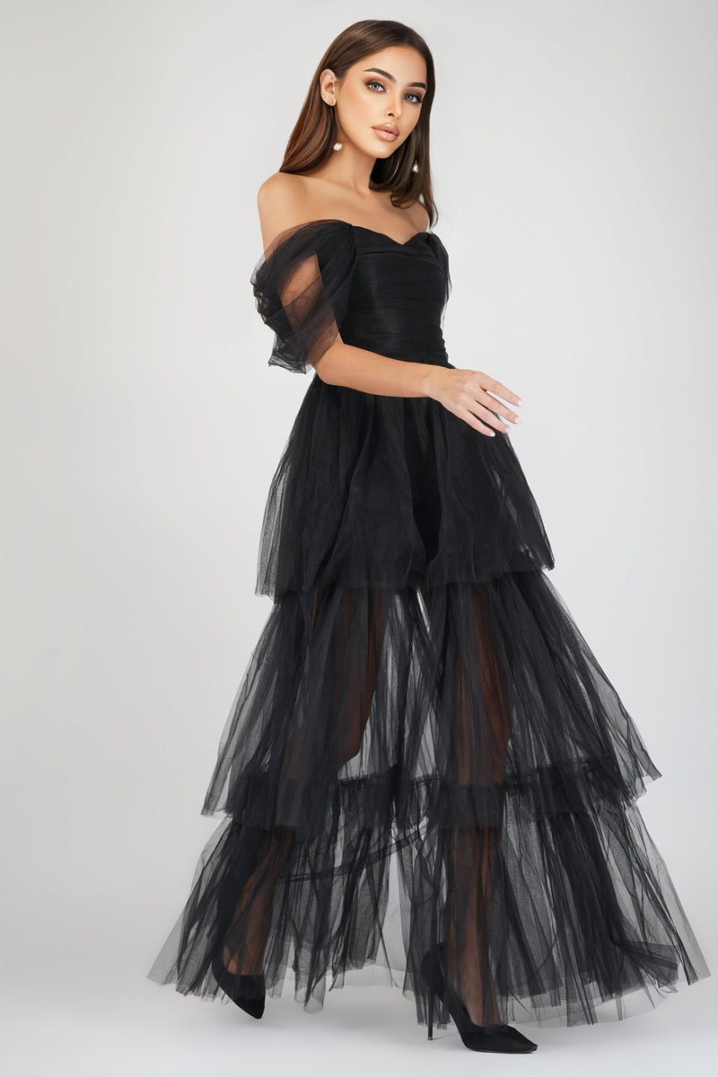 Sydney Off Shoulder Tulle Maxi Dress in Black – Lace & Beads