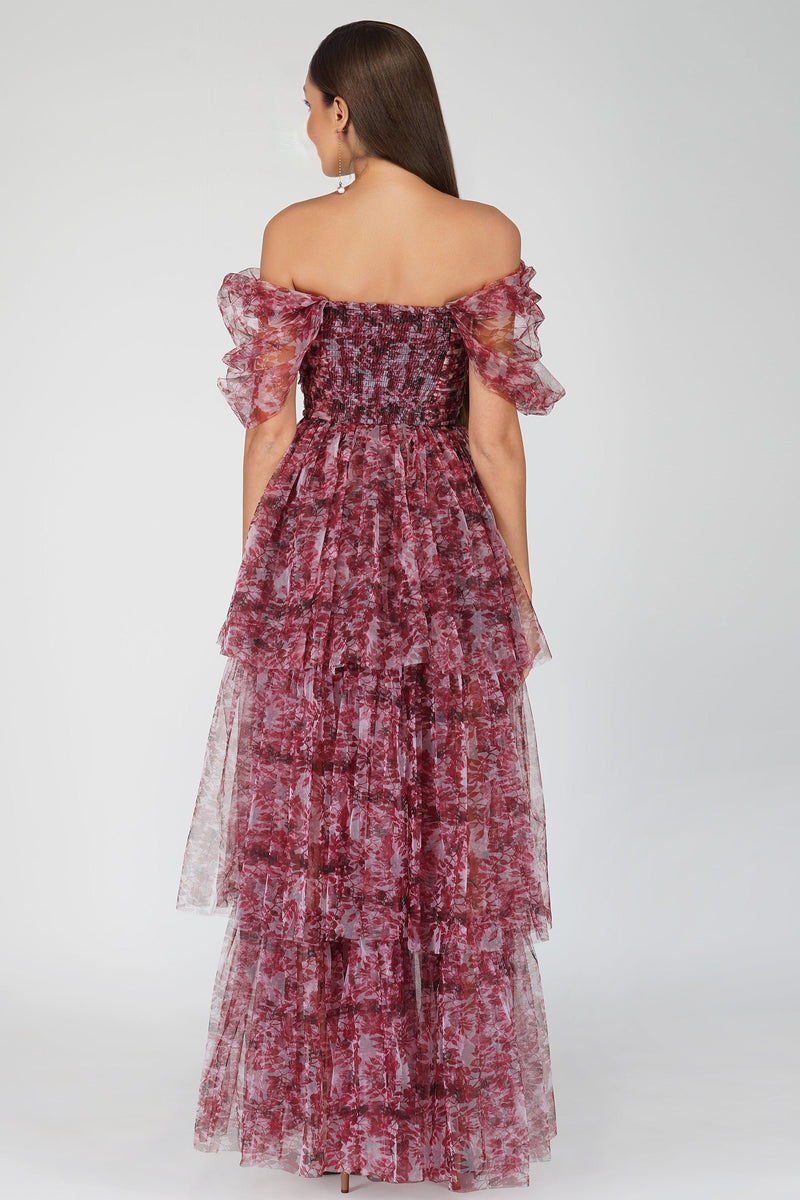 Sydney Tulle Maxi Dress in Burgundy Print