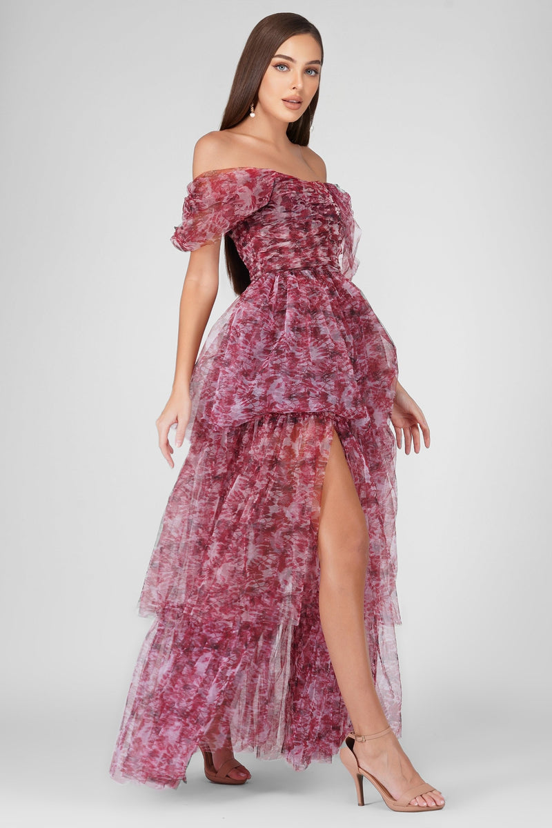 Sydney Tulle Maxi Dress in Burgundy Print