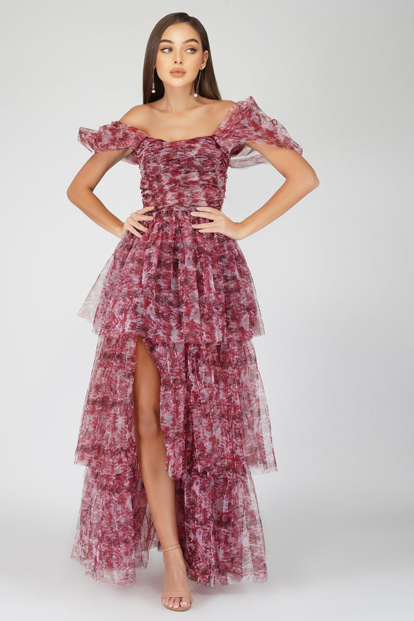 Sydney Tulle Maxi Dress in Burgundy Print