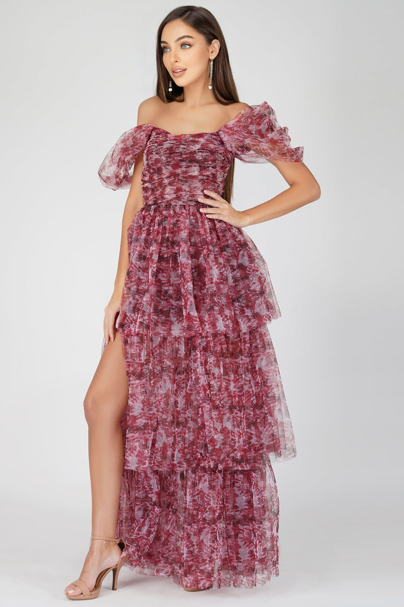 Sydney Tulle Maxi Dress in Burgundy Print