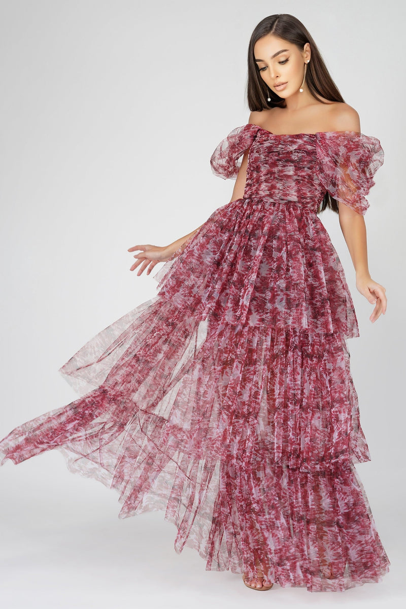 Sydney Tulle Maxi Dress in Burgundy Print