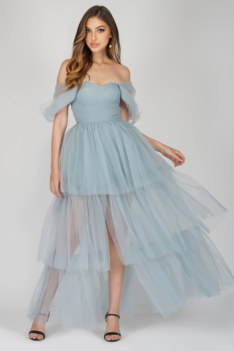 Sydney Dusty Blue Tulle Dress – Lace & Beads