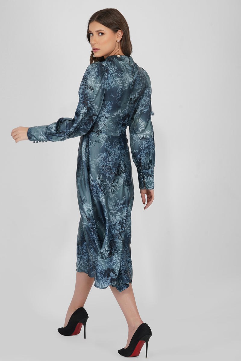 Taylor Long Sleeve Satin Midi Dress in Blue