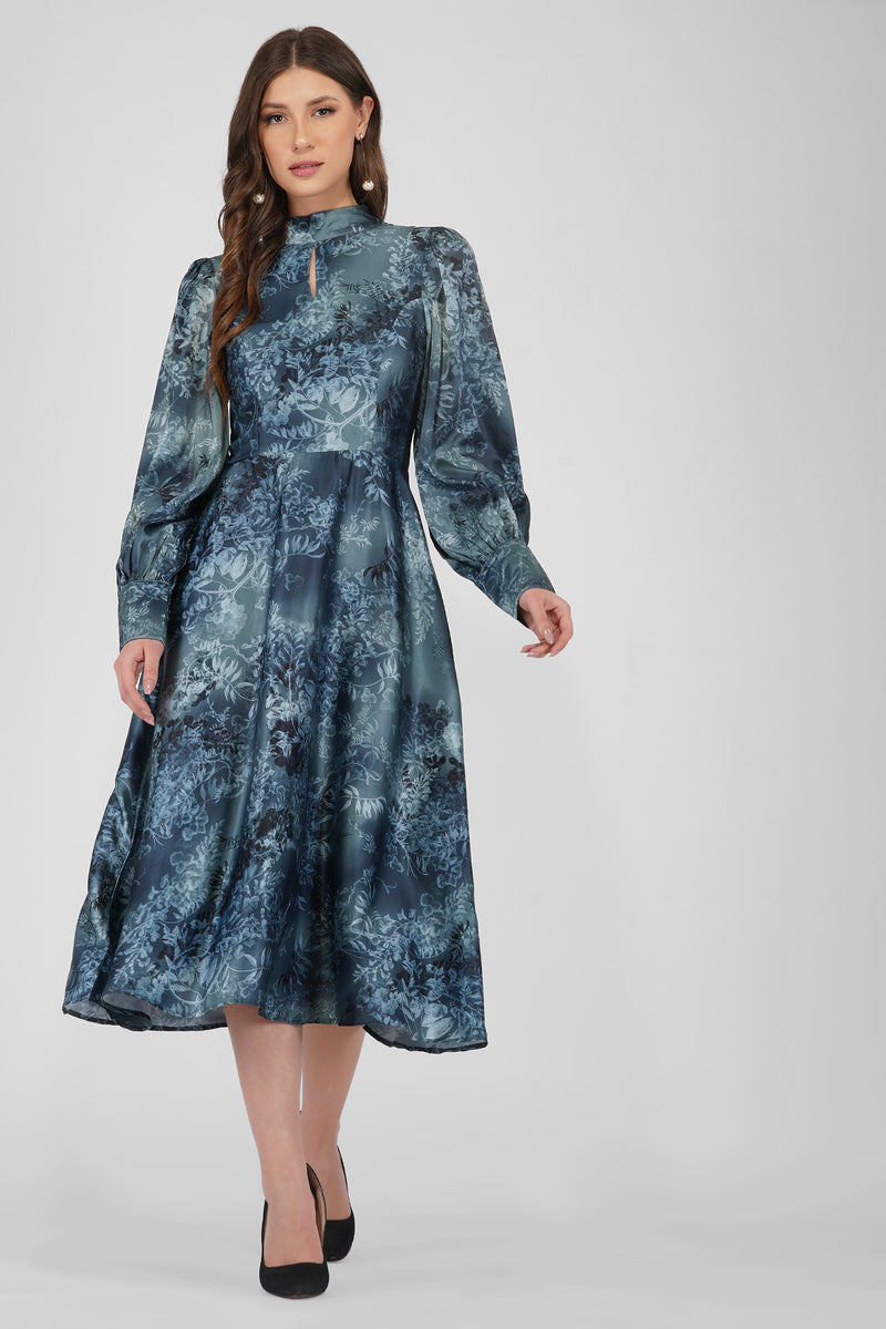 Taylor Long Sleeve Satin Midi Dress in Blue Lace Beads