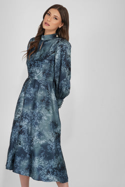 Taylor Long Sleeve Satin Midi Dress in Blue