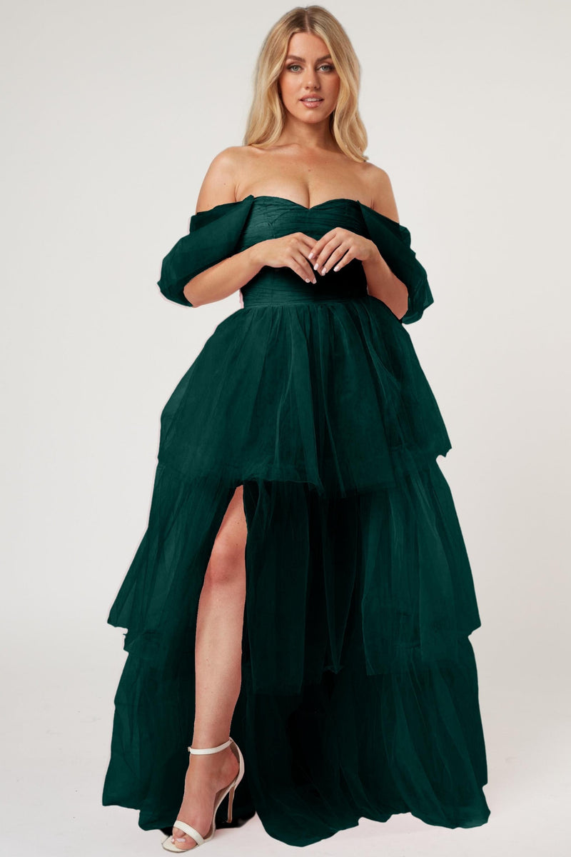 Sydney Off Shoulder Tulle Maxi Dress in Emerald Green