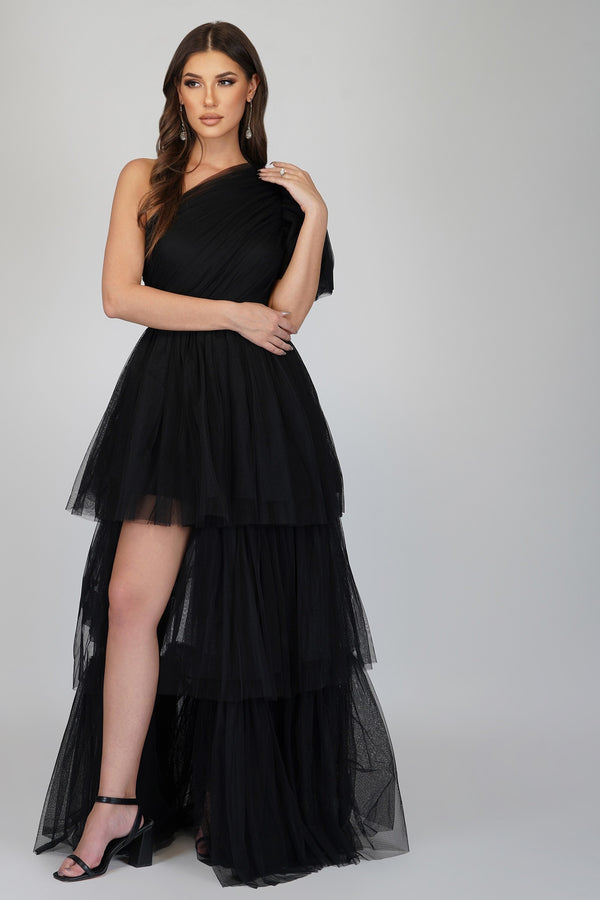 Rowena One Shoulder Tulle Gown in Black