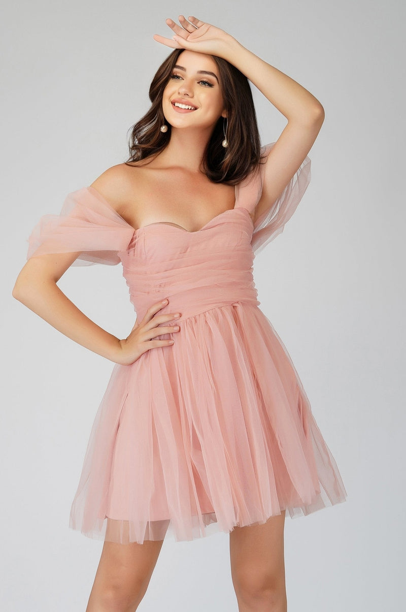 Sydney Light Pink Tulle Mini Dress Lace Beads